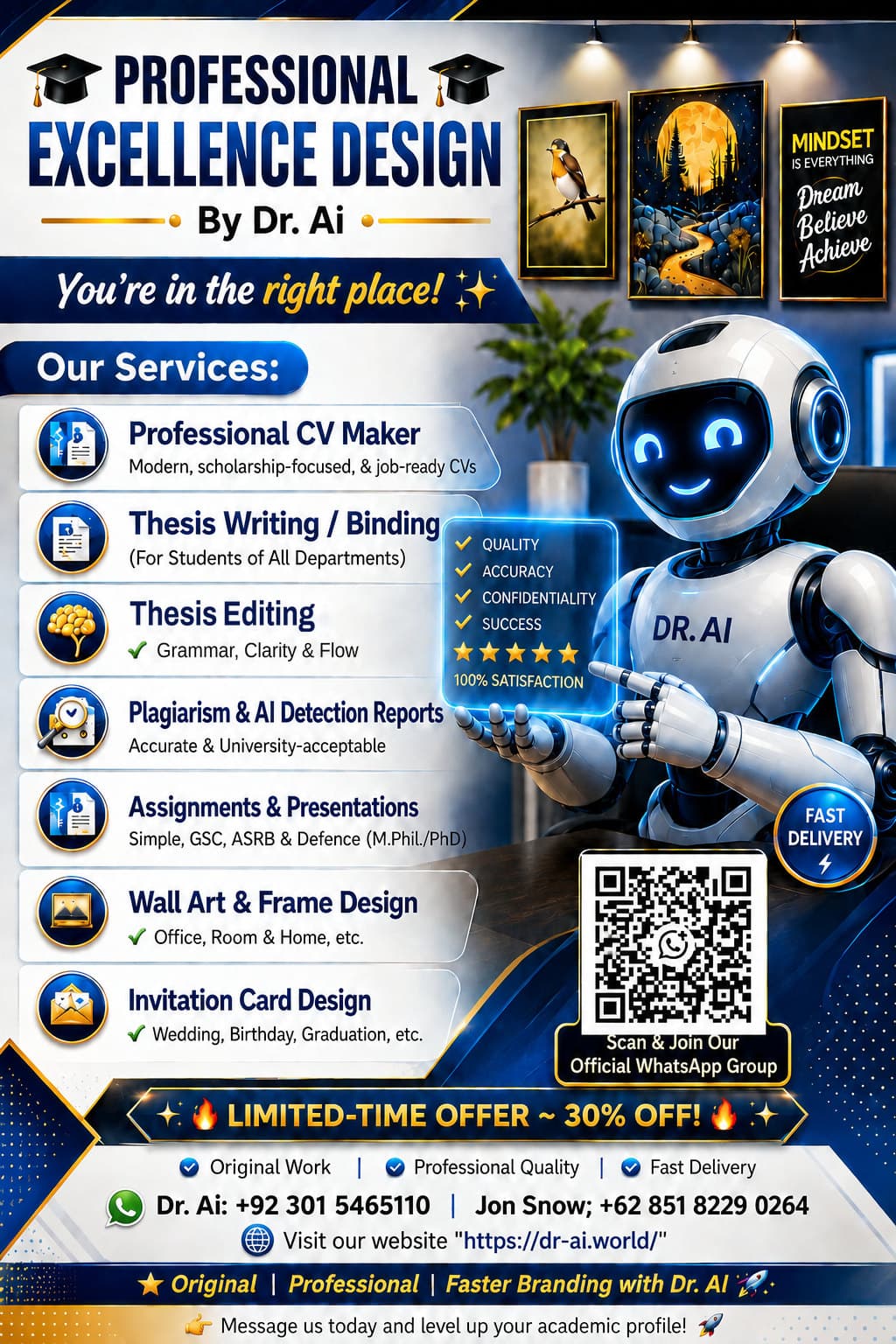 DR.AI Professional Services β service list β professional CV maker, thesis writing and binding, thesis editing, plagiarism and AI detection reports, assignments and presentations, wall art and frame design, and invitation card design. Limited-time offer, 30% off.
